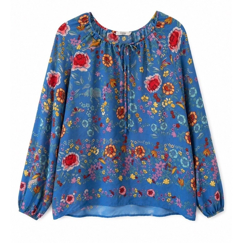 Dalia Women's Blue Floral Long Sleeve Peasant Blouse Tie Neck Boho Top Size L